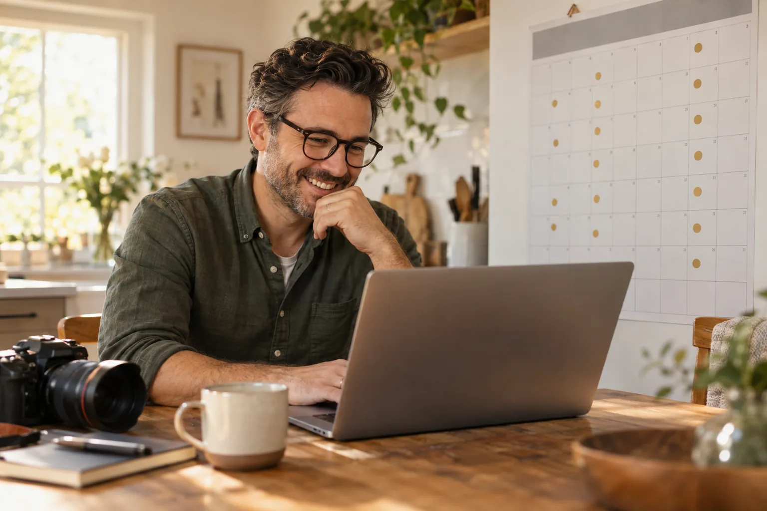 A photographer smiles at his laptop beside a wedding planner dotted with bookings.