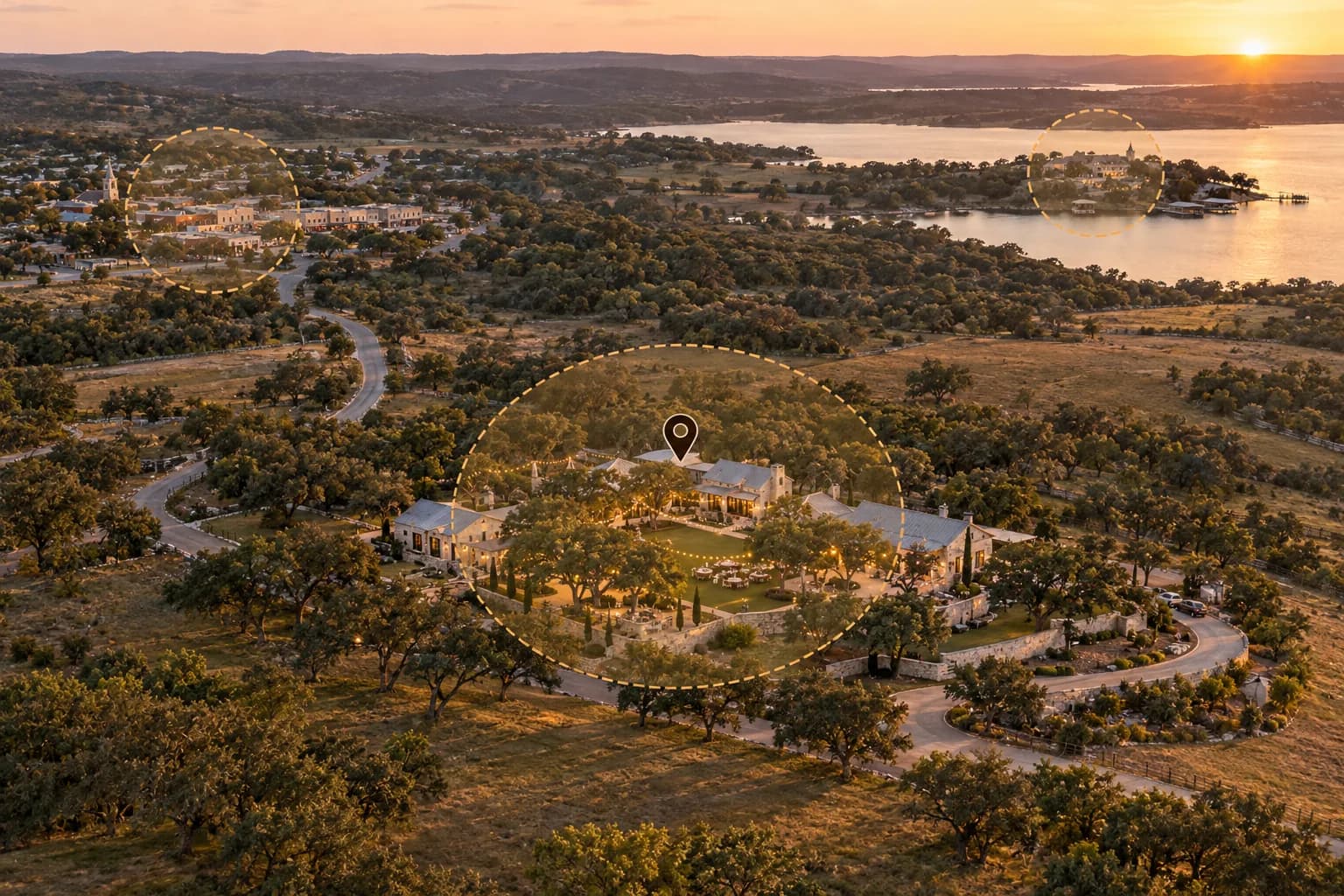 Gold geofencing circles mark a Hill Country ranch, nearby shops and a lakeside estate in an aerial view.