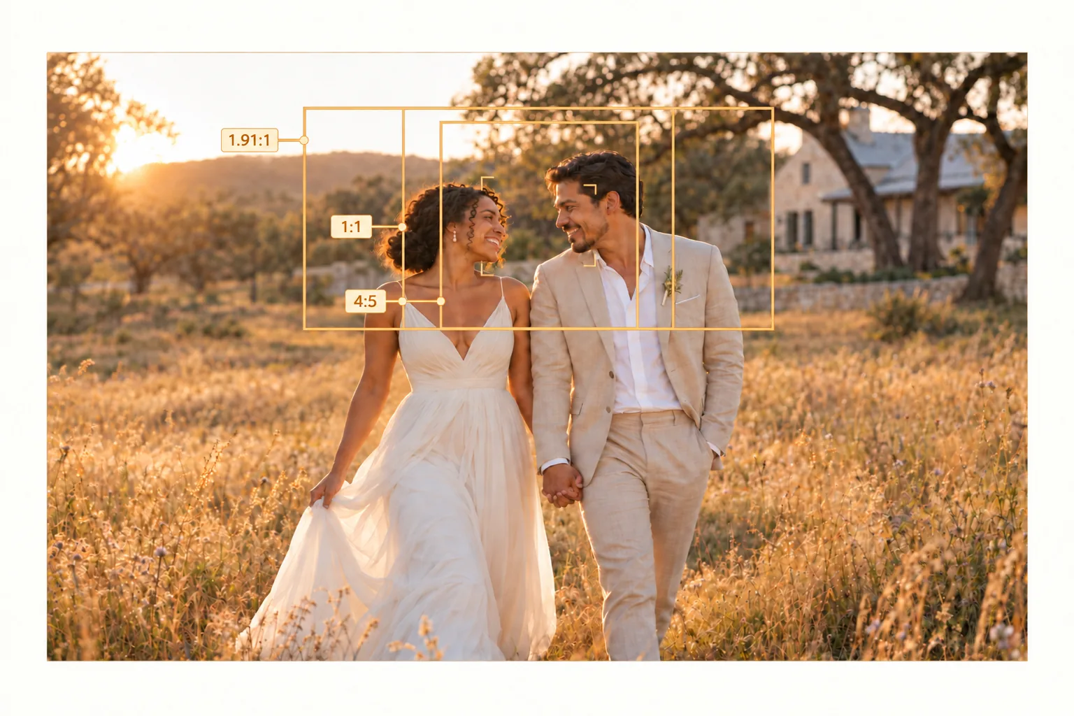 Three crop frames show wide, square and portrait ad formats over Maya and Jordan’s wedding photo.