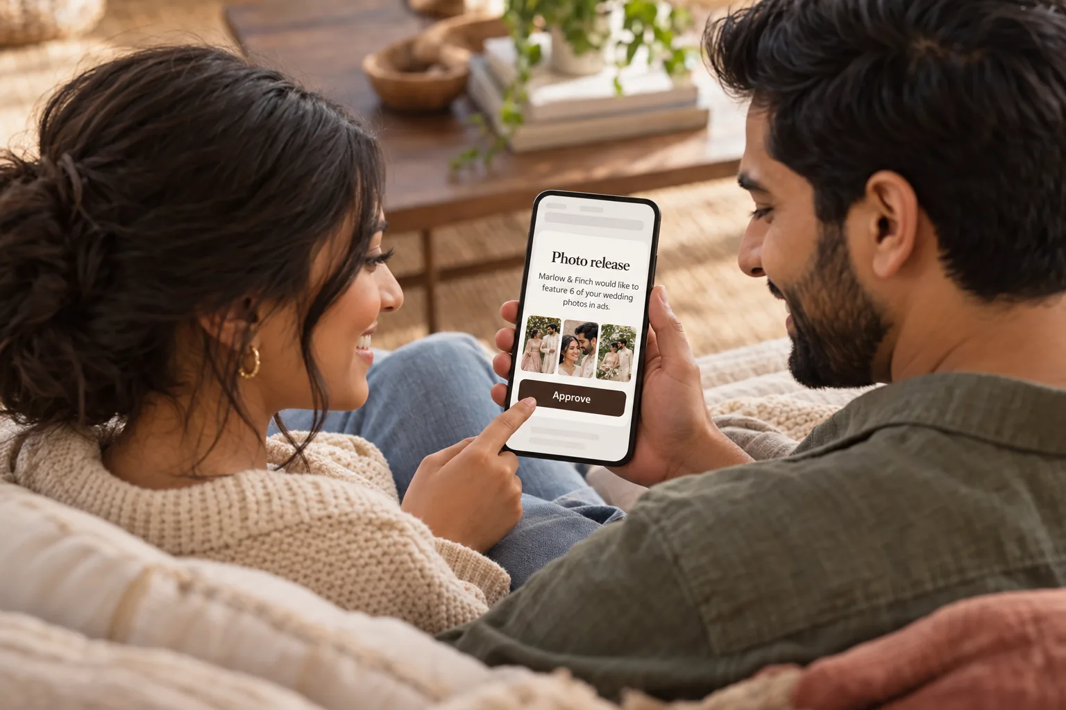 Priya and Arjun review a wedding photo release with an Approve button on a phone.