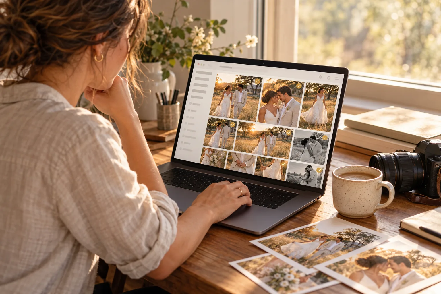 A photographer selects wedding photos on a laptop beside a camera, prints and coffee.