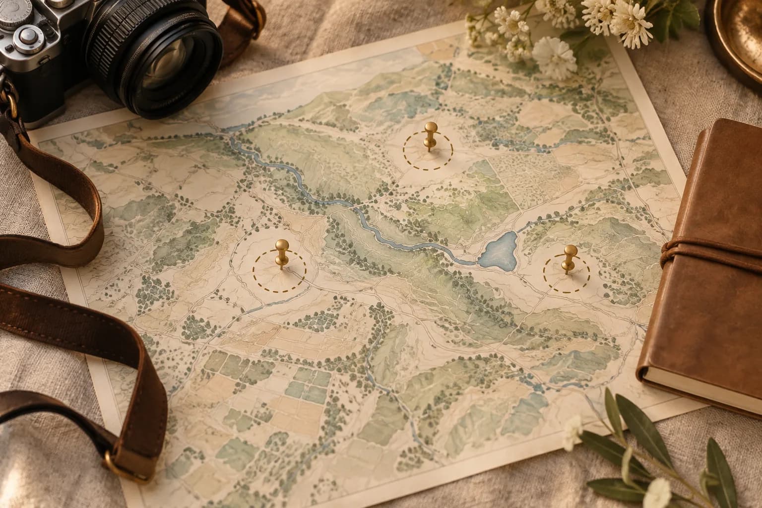 Three gold venue pins and dotted circles mark a printed map on linen.