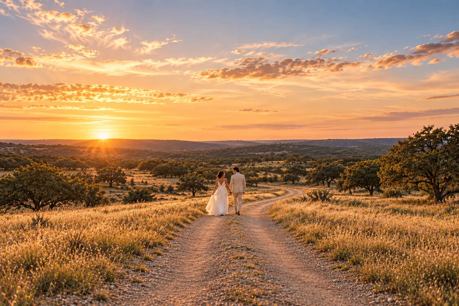 A couple walks down a ranch road beneath a wide sunset sky.