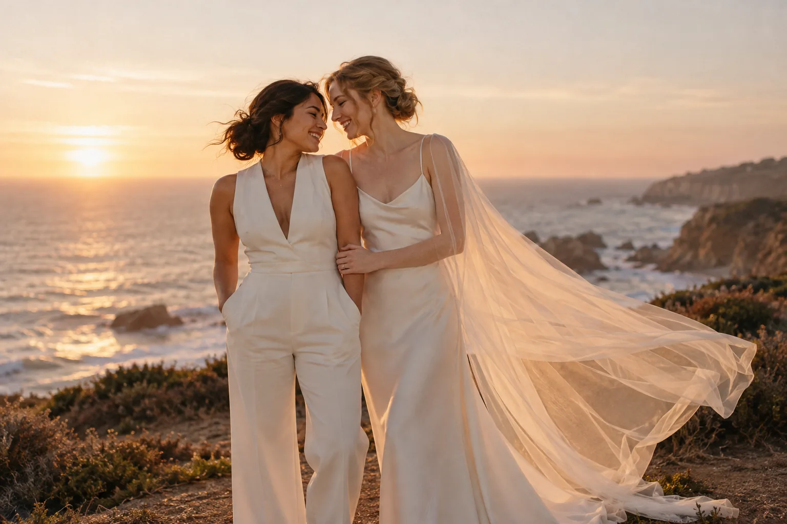 Elena and Sofia stand on coastal bluffs at sunset, with Sofia’s sheer cape blowing in the breeze.