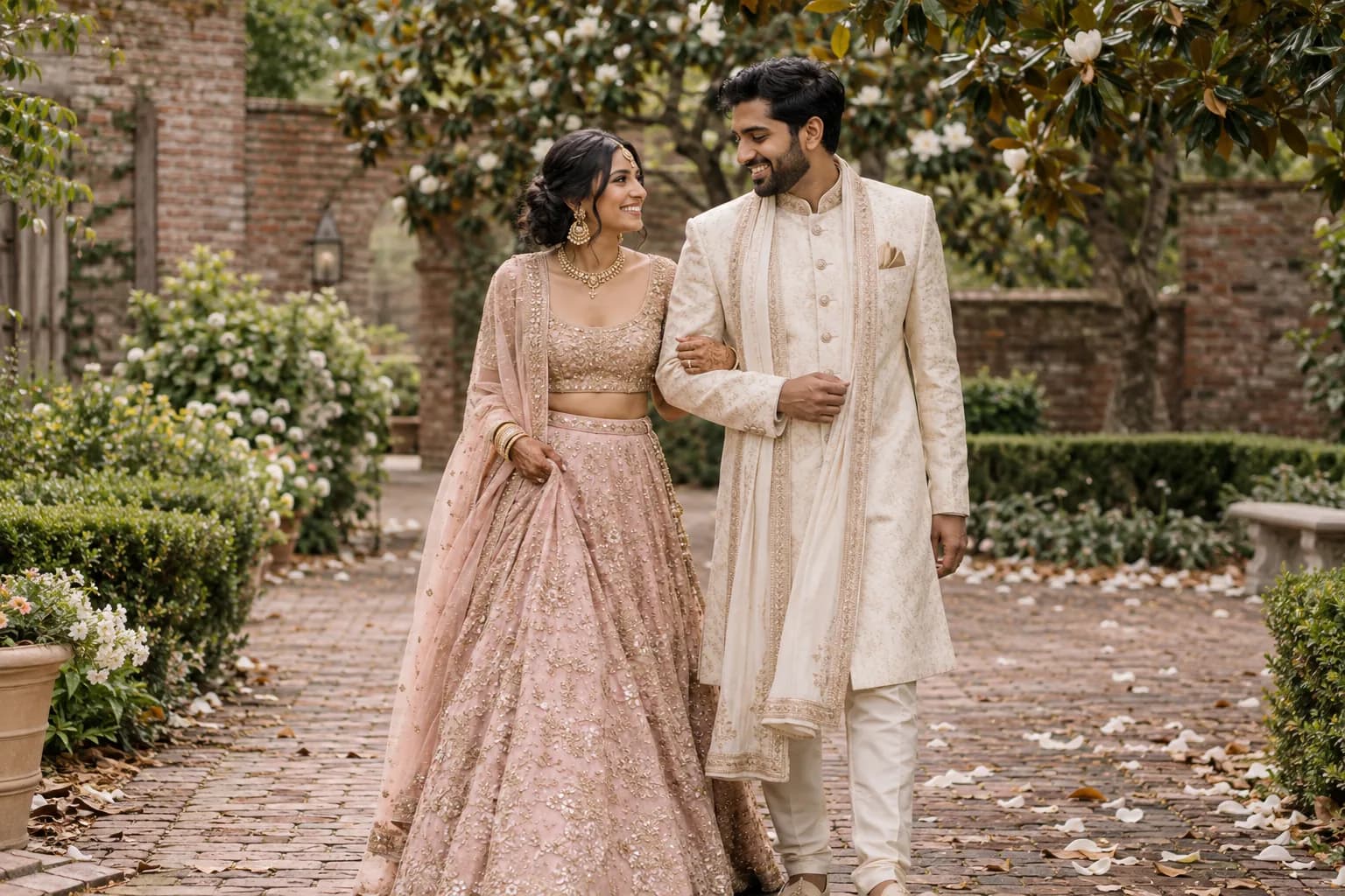 Priya and Arjun walk through a brick garden courtyard beneath magnolias.