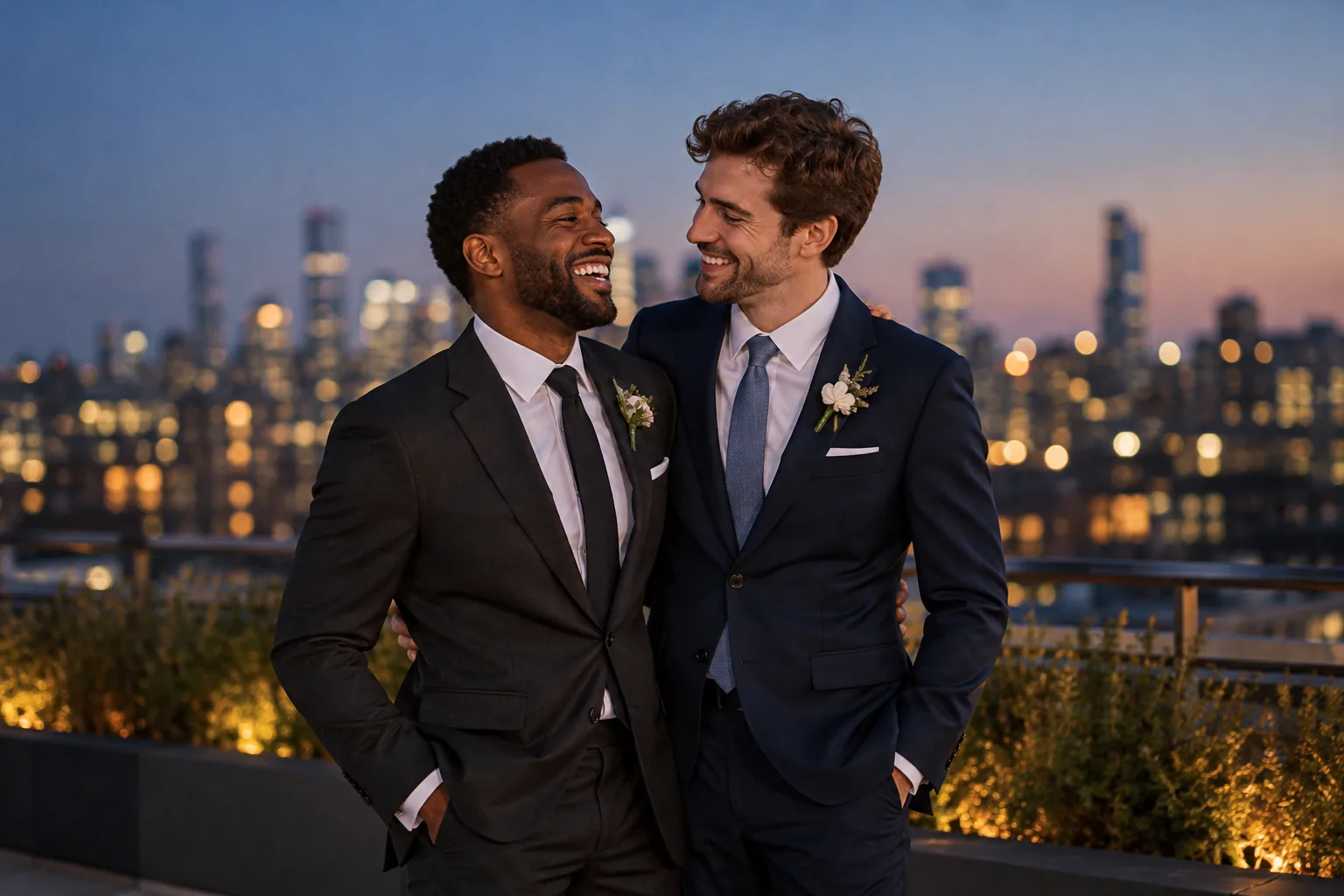 Marcus and Daniel share a laugh on a city rooftop at blue hour.