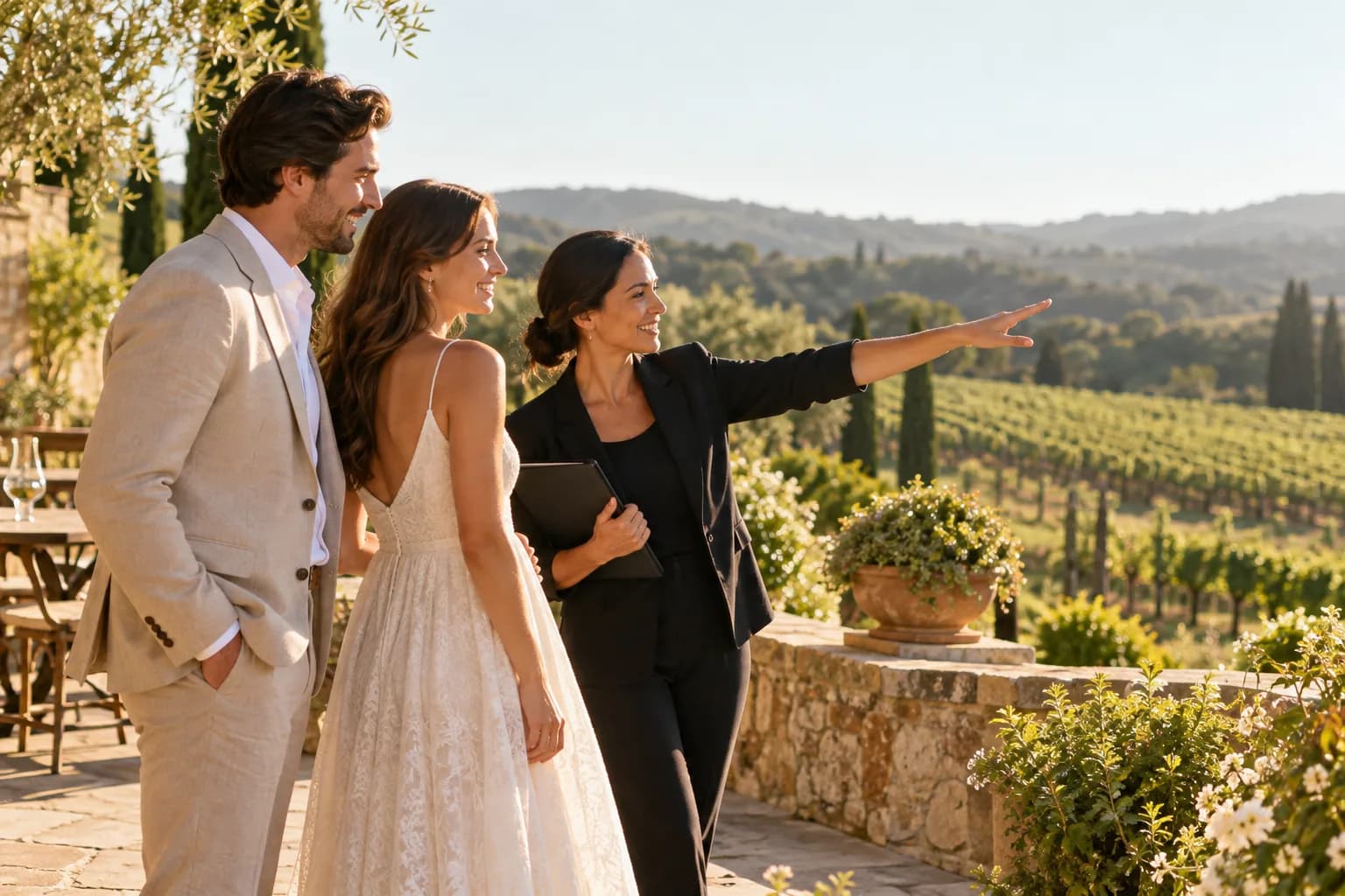 A couple and venue coordinator tour a sunlit vineyard terrace.