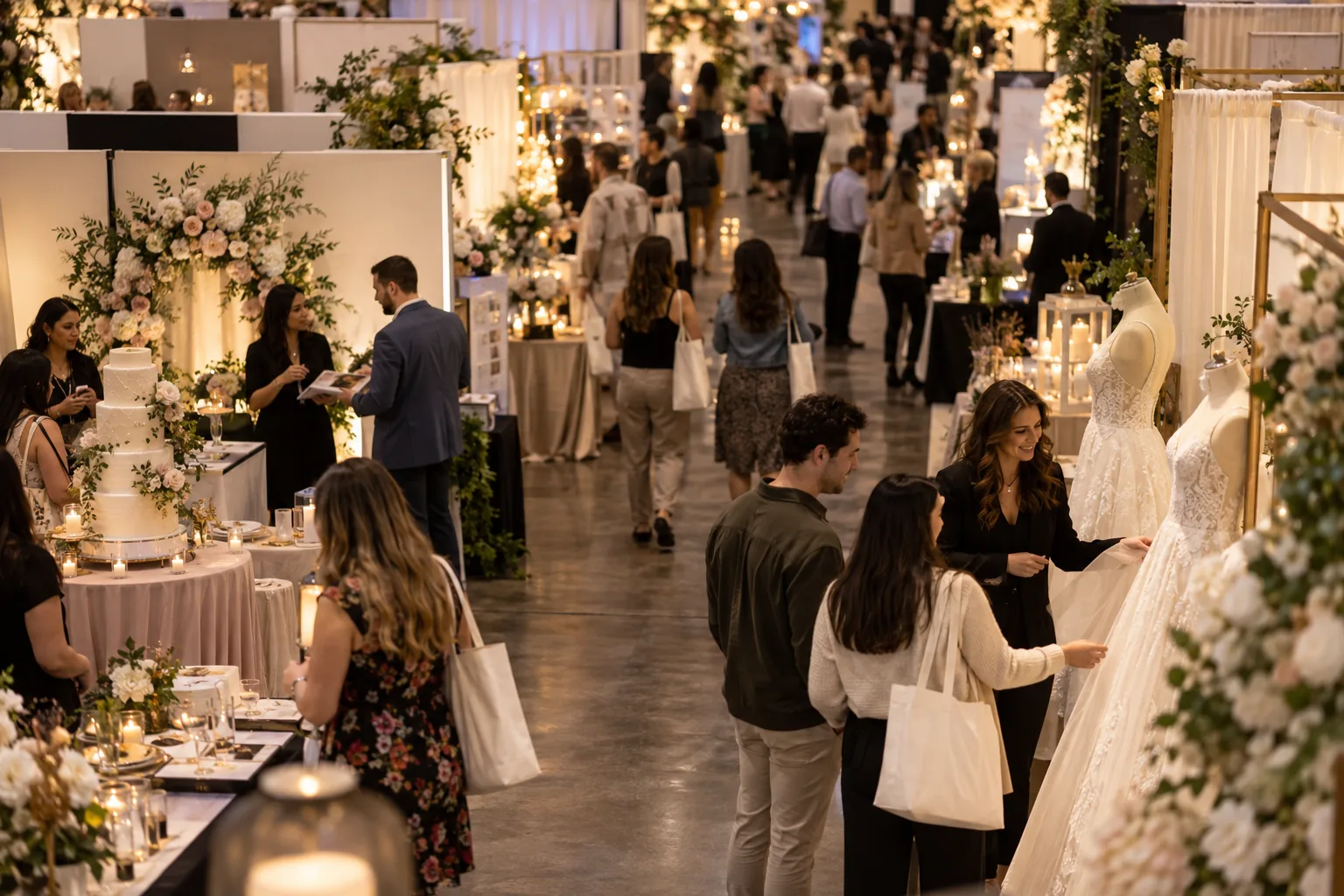Couples browse gowns, flowers and cakes at a warmly lit bridal expo.