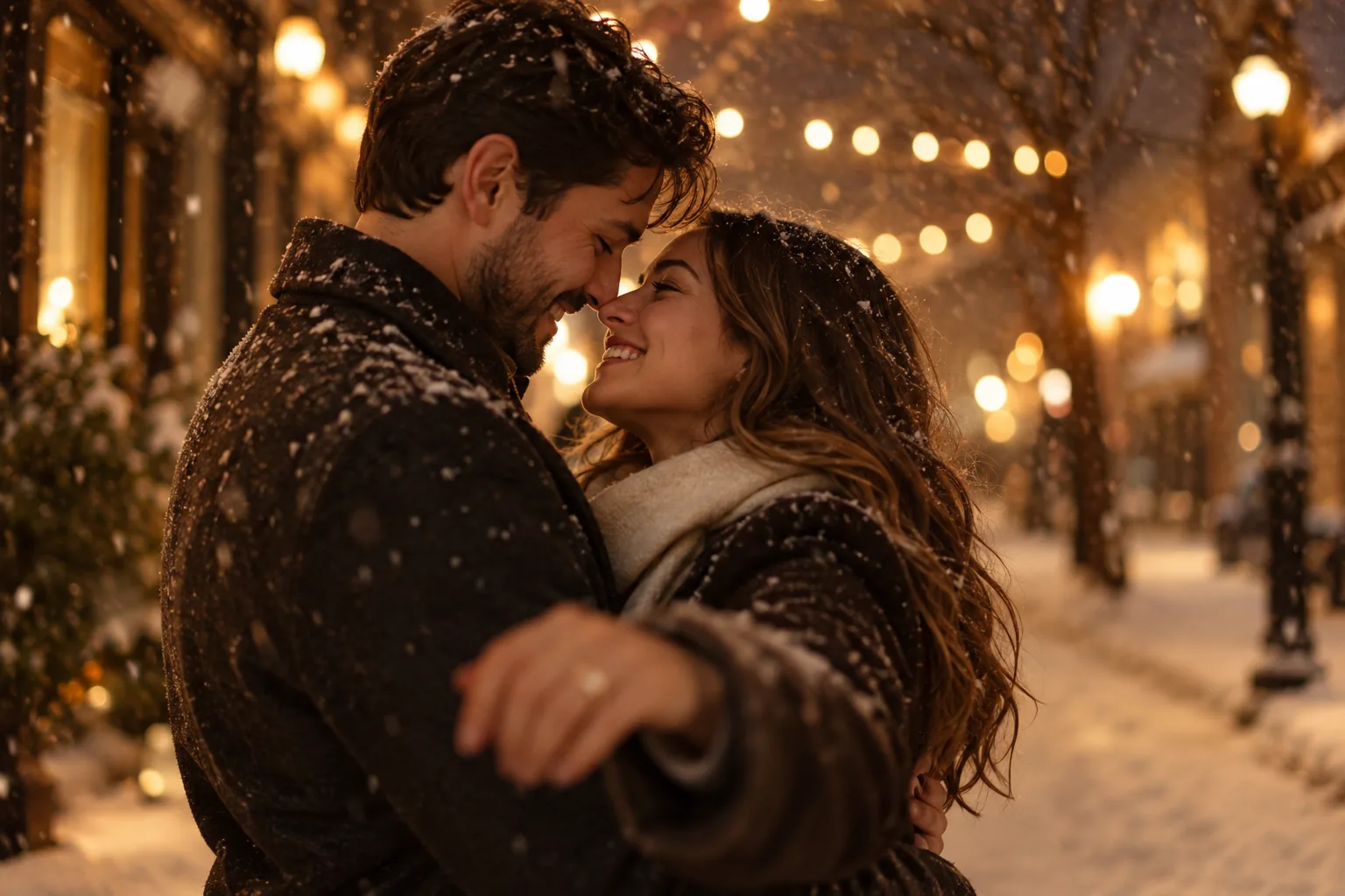 A newly engaged couple embraces beneath string lights on a snowy winter evening.
