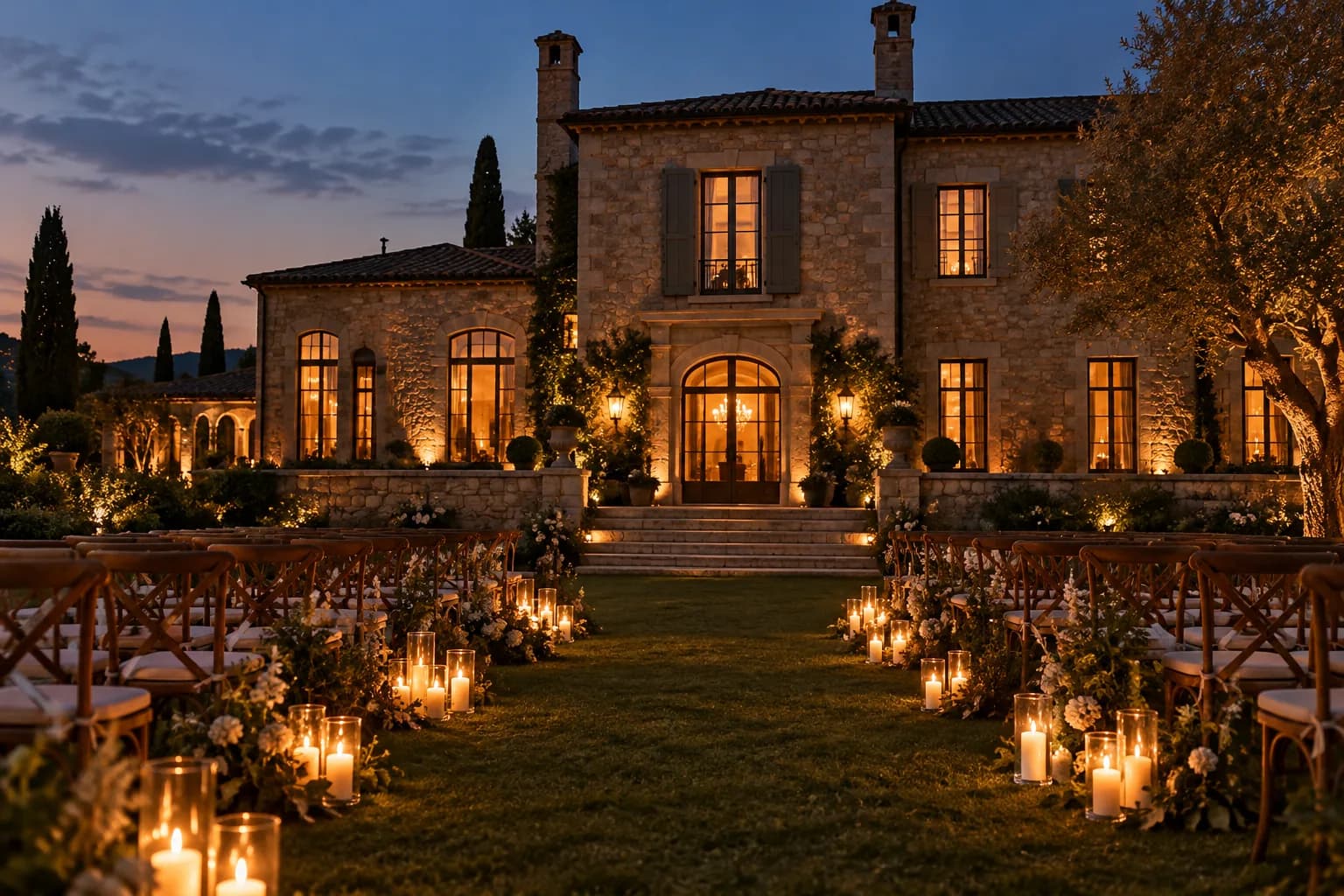 A stone estate glows at blue hour behind a candle-lined ceremony aisle.